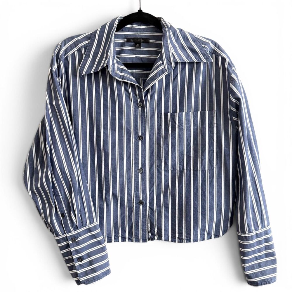 blue striped cropped boxy button up shirt collared top medium by banana republic